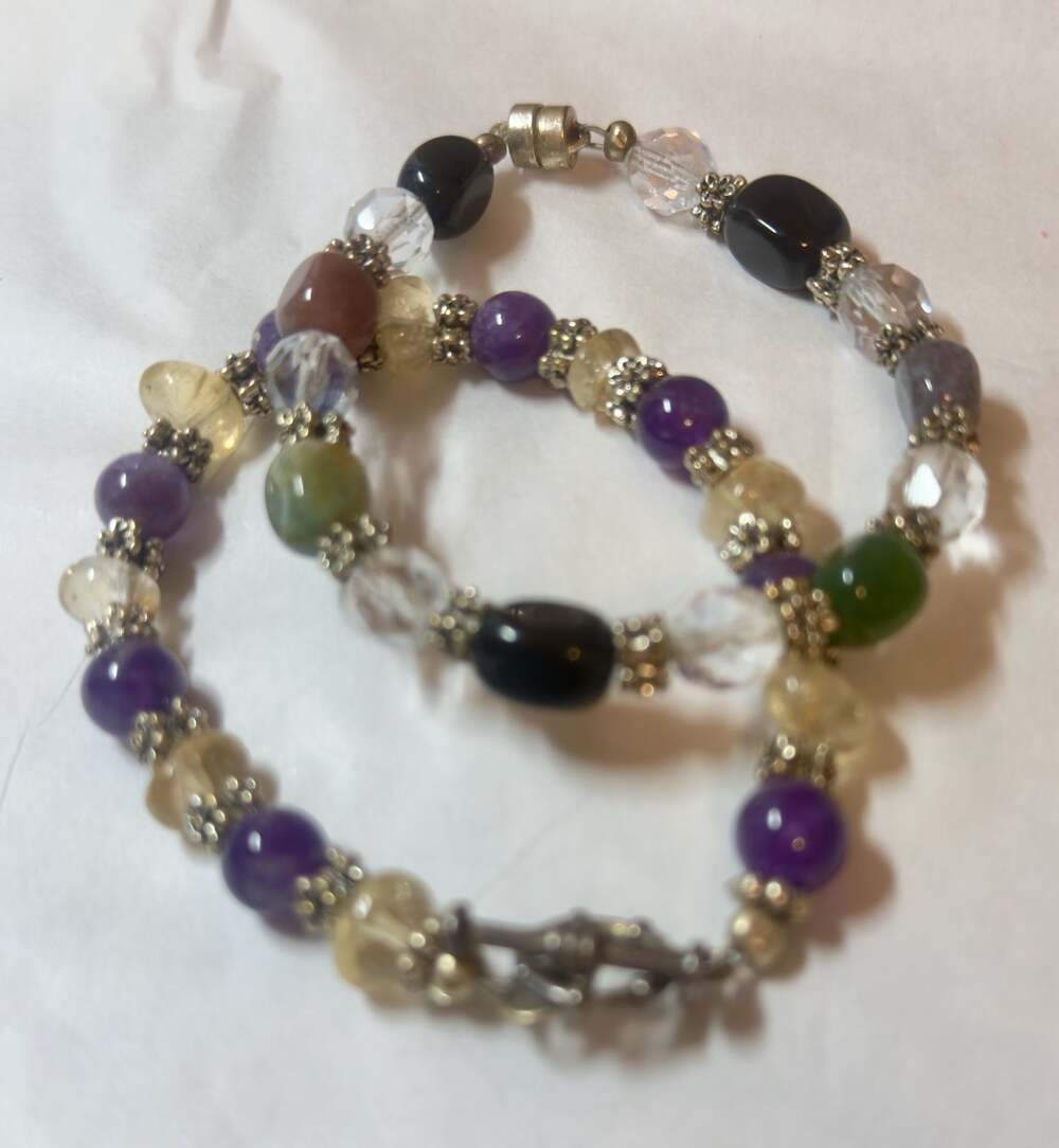 Vtg Multi-Gemstone Beaded Bracelet Set with Amethyst & Crystals set of 2